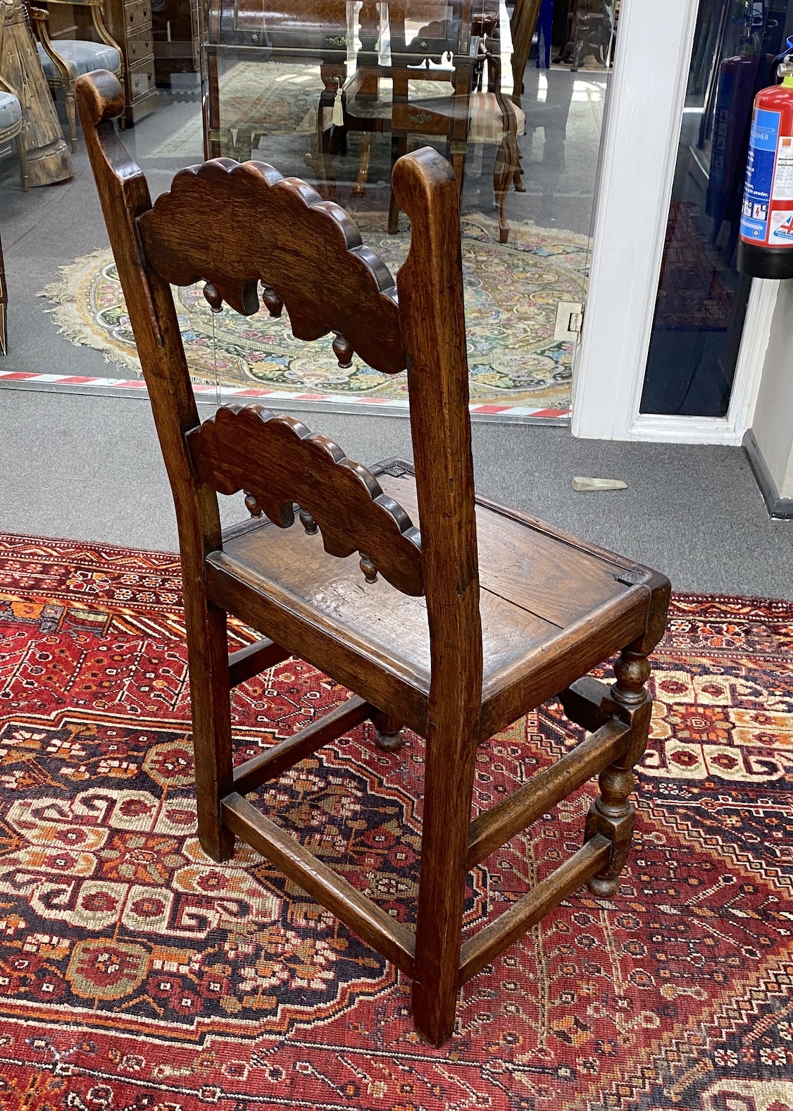 An 18th century and later rectangular oak refectory dining table, length 194cm, width 83cm, height 79cm and two Derbyshire style oak chairs